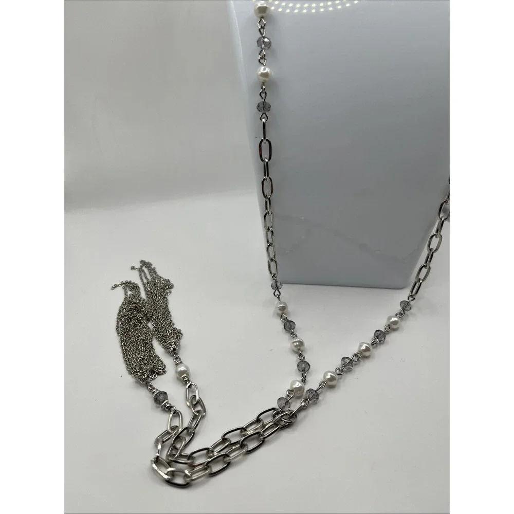 Premier Designs Pearlfection Elongated Silver Tone Chain Faux Pearls Tassels